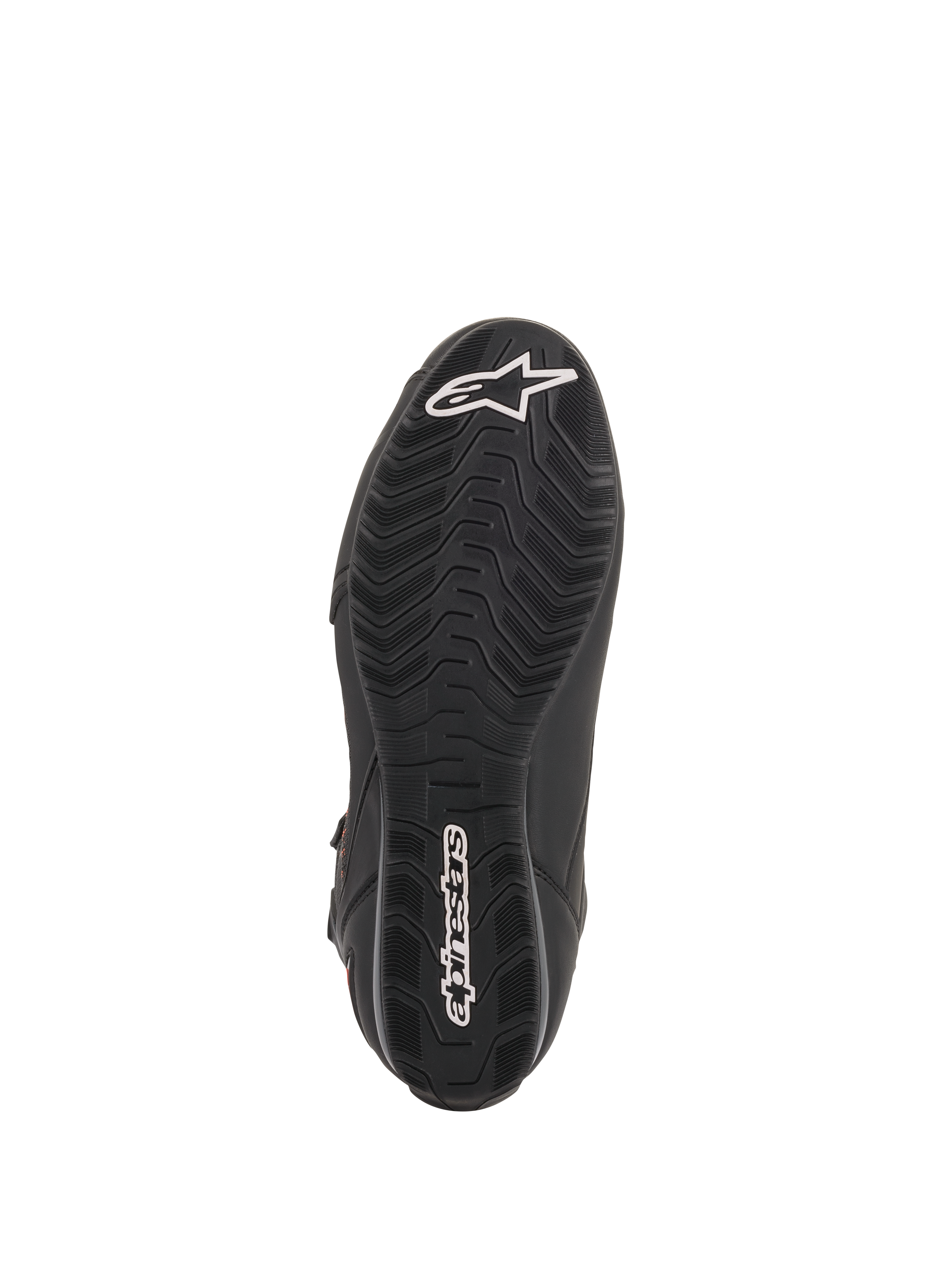 Chaussures Alpinestars Faster-3 Rideknit®, chaussures de moto noires, vue de la semelle avec motif d'adhérence texturé et logos Alpinestars blancs sur la pointe et le talon