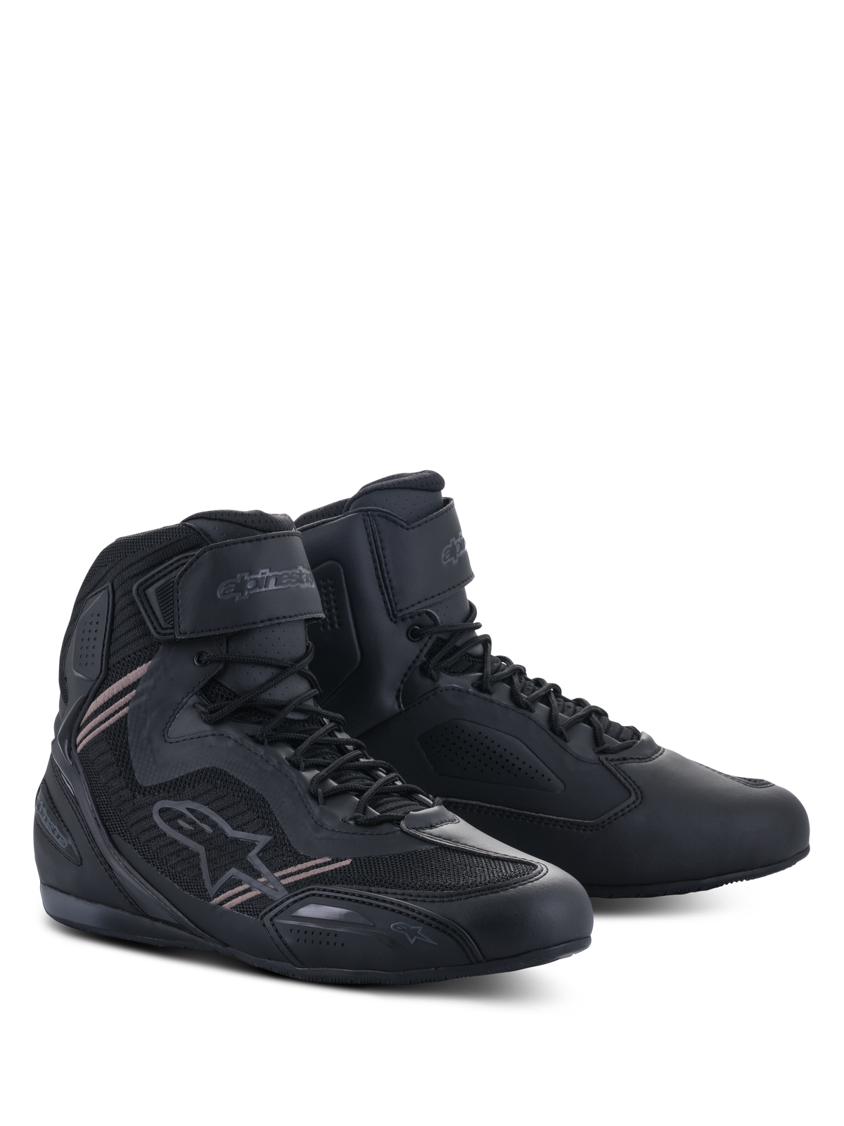 Chaussures Alpinestars Faster-3 Rideknit®, chaussures de moto, noir, tige légère en microfibre et maille, fermeture à lacets avec sangle de cheville auto-agrippante, design de course sur route profilé.