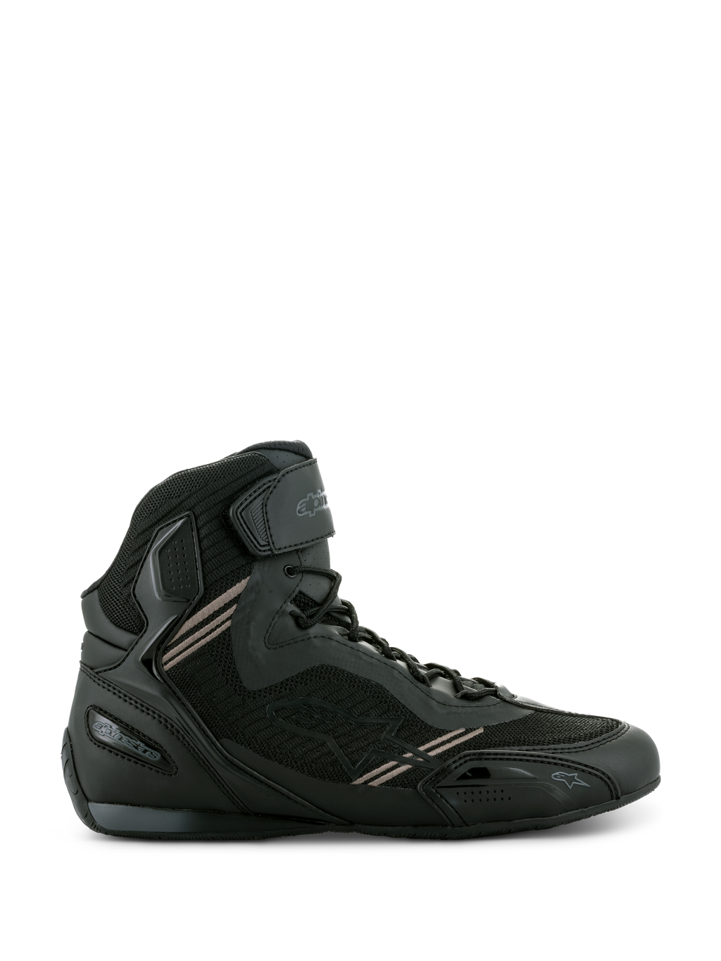Alpinestars Faster-3 Rideknit® Shoes, Black motorcycle riding sneakers, lightweight microfiber and breathable mesh construction, lace-up closure with hook-and-loop ankle strap, protective high-top design for urban road riding