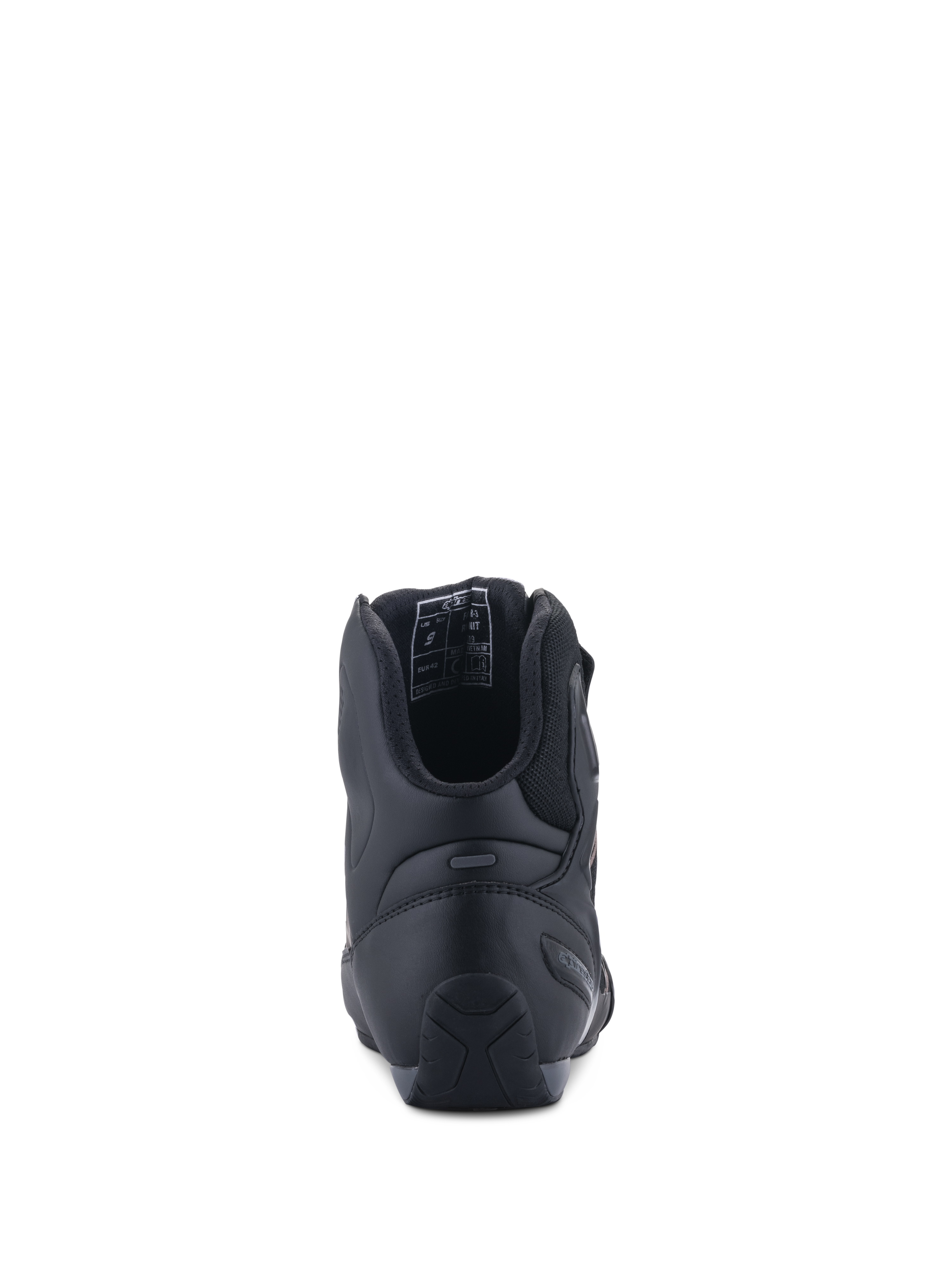 Alpinestars Faster-3 Rideknit® Shoes, Rear View, Black Black, showing TPR heel counter for lateral support, microfiber chassis with breathable mesh lining, performance road racing motorcycle footwear