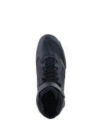 Alpinestars Faster-3 Rideknit® Shoes, Motorcycle Riding Shoes, Black, top-down view showing the lacing system and ankle strap, featuring a blend of breathable mesh and microfiber, sporty design for performance road riding