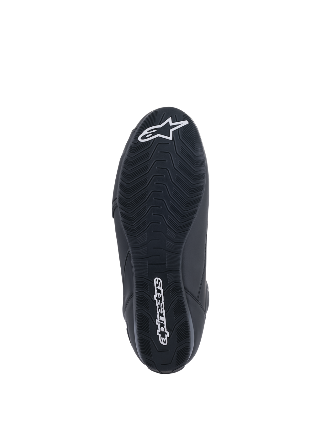 Alpinestars Faster-3 Rideknit® Shoes, motorcycle riding shoes, Black, bottom view of the sole featuring textured tread with white Alpinestars wordmark and star logo, designed for road racing performance