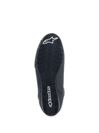 Alpinestars Faster-3 Rideknit® Shoes, motorcycle riding shoes, Black, bottom view of the sole featuring textured tread with white Alpinestars wordmark and star logo, designed for road racing performance