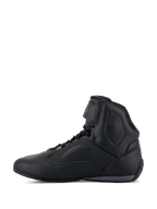 Chaussures Alpinestars Faster-3 Rideknit®, chaussures de moto, noir, vue de profil, tige en microfibre avec panneaux de ventilation perforés, fermeture à lacets avec sangle de cheville auto-agrippante, design sportif inspiré de la course sur route
