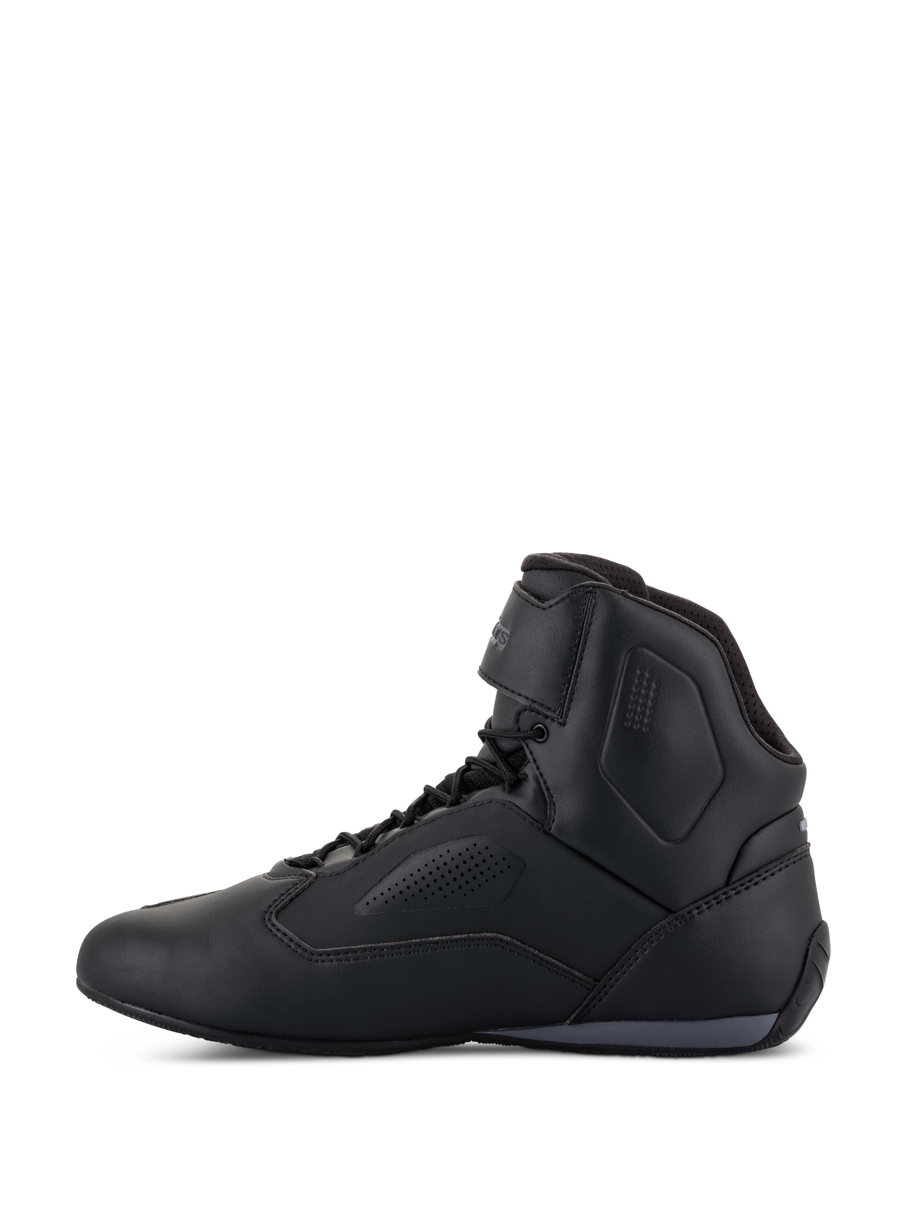 Chaussures Alpinestars Faster-3 Rideknit®, chaussures de moto, noir, vue de profil, tige en microfibre avec panneaux de ventilation perforés, fermeture à lacets avec sangle de cheville auto-agrippante, design sportif inspiré de la course sur route