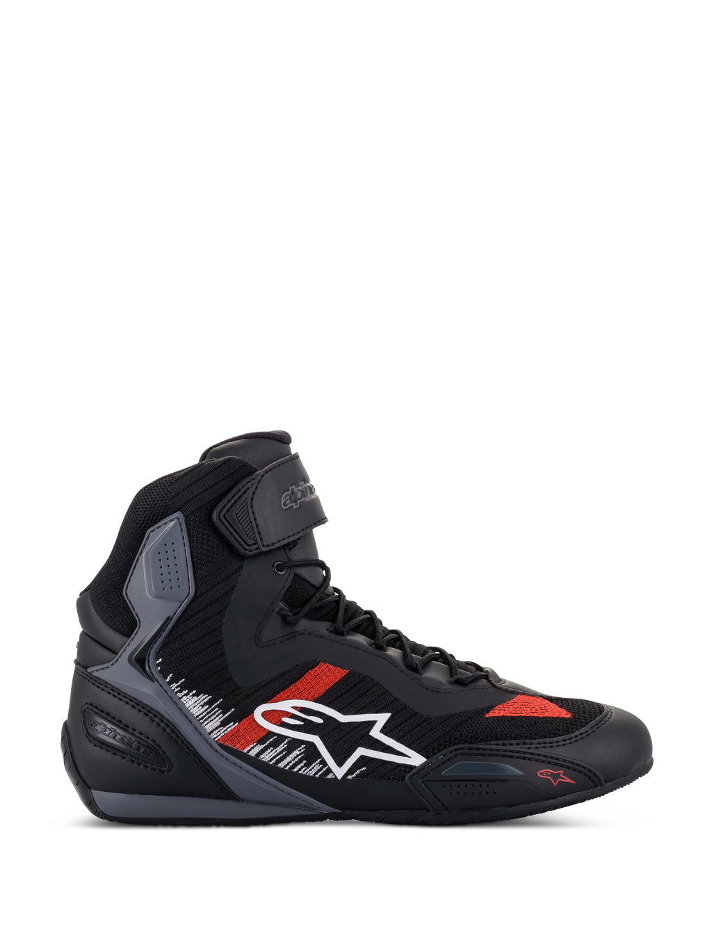Alpinestars Faster-3 Rideknit®, chaussures de moto montantes, noires avec accents gris et rouge vif, logo étoile blanc, construction en maille tricotée respirante, sangle à la cheville, panneaux texturés gris, semelle noire et grise