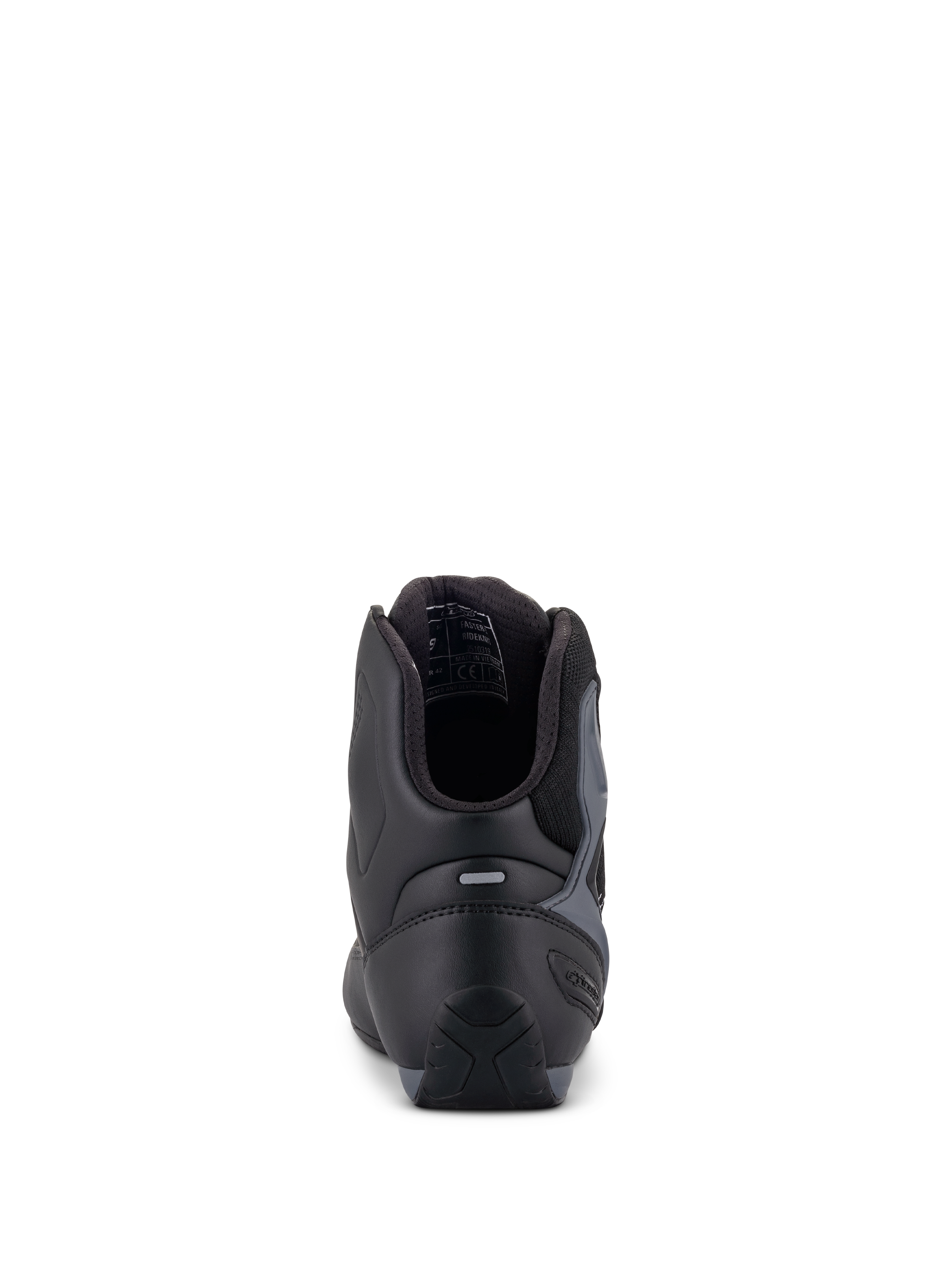 Chaussures Alpinestars Faster-3 Rideknit®, chaussures de moto, noir, gris et rouge vif, vue arrière montrant le contrefort de talon en TPR et le col rembourré, construction élégante en microfibre et textile