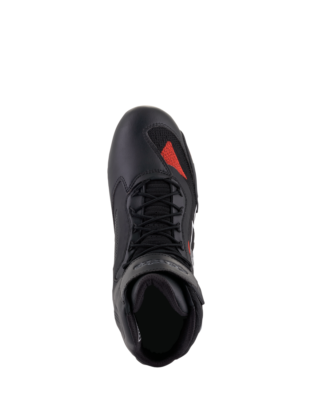 Chaussures Alpinestars Faster-3 Rideknit®, Noir Gris Rouge Vif, vue de dessus, avec châssis en microfibre noire, accent en maille rouge sur la pointe, lacets noirs et col rembourré, chaussures de moto techniques