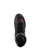 Chaussures Alpinestars Faster-3 Rideknit®, Noir Gris Rouge Vif, vue de dessus, avec châssis en microfibre noire, accent en maille rouge sur la pointe, lacets noirs et col rembourré, chaussures de moto techniques