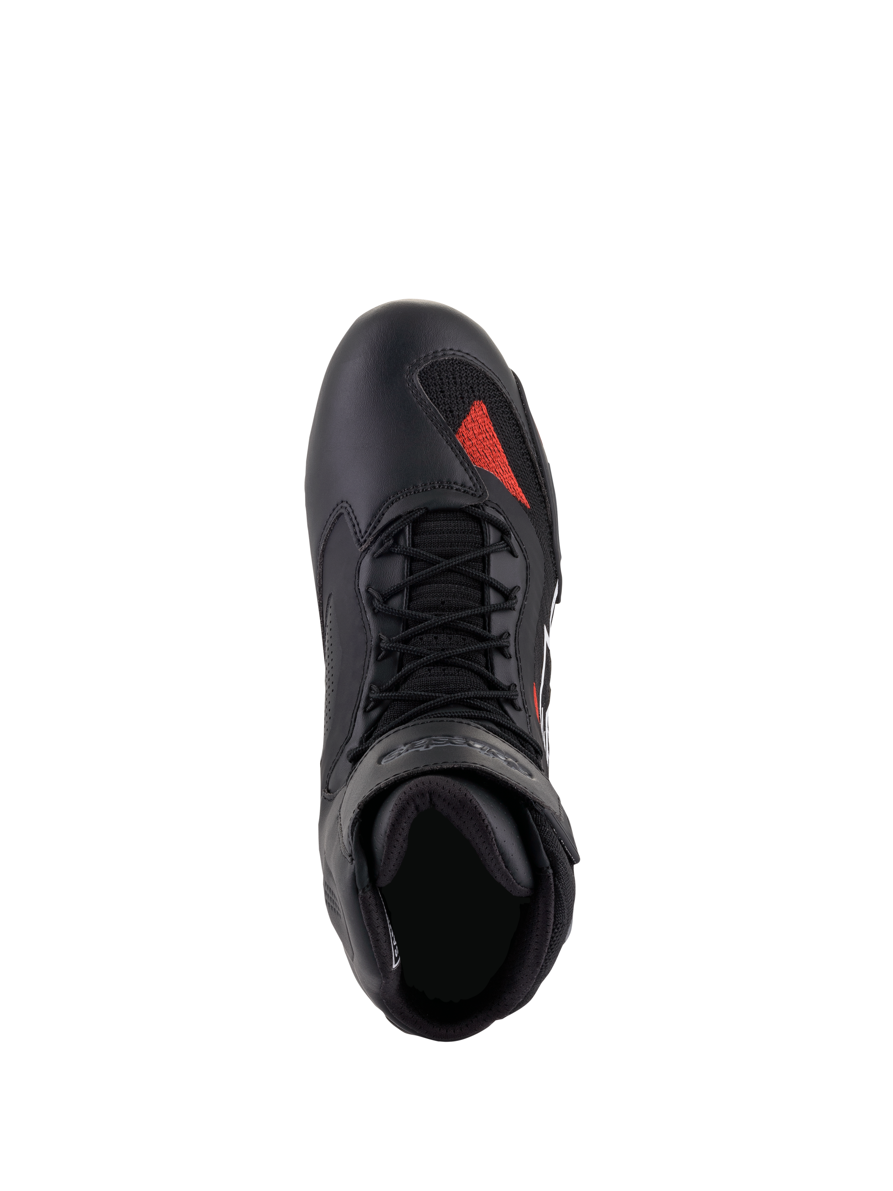 Chaussures Alpinestars Faster-3 Rideknit®, Noir Gris Rouge Vif, vue de dessus, avec châssis en microfibre noire, accent en maille rouge sur la pointe, lacets noirs et col rembourré, chaussures de moto techniques