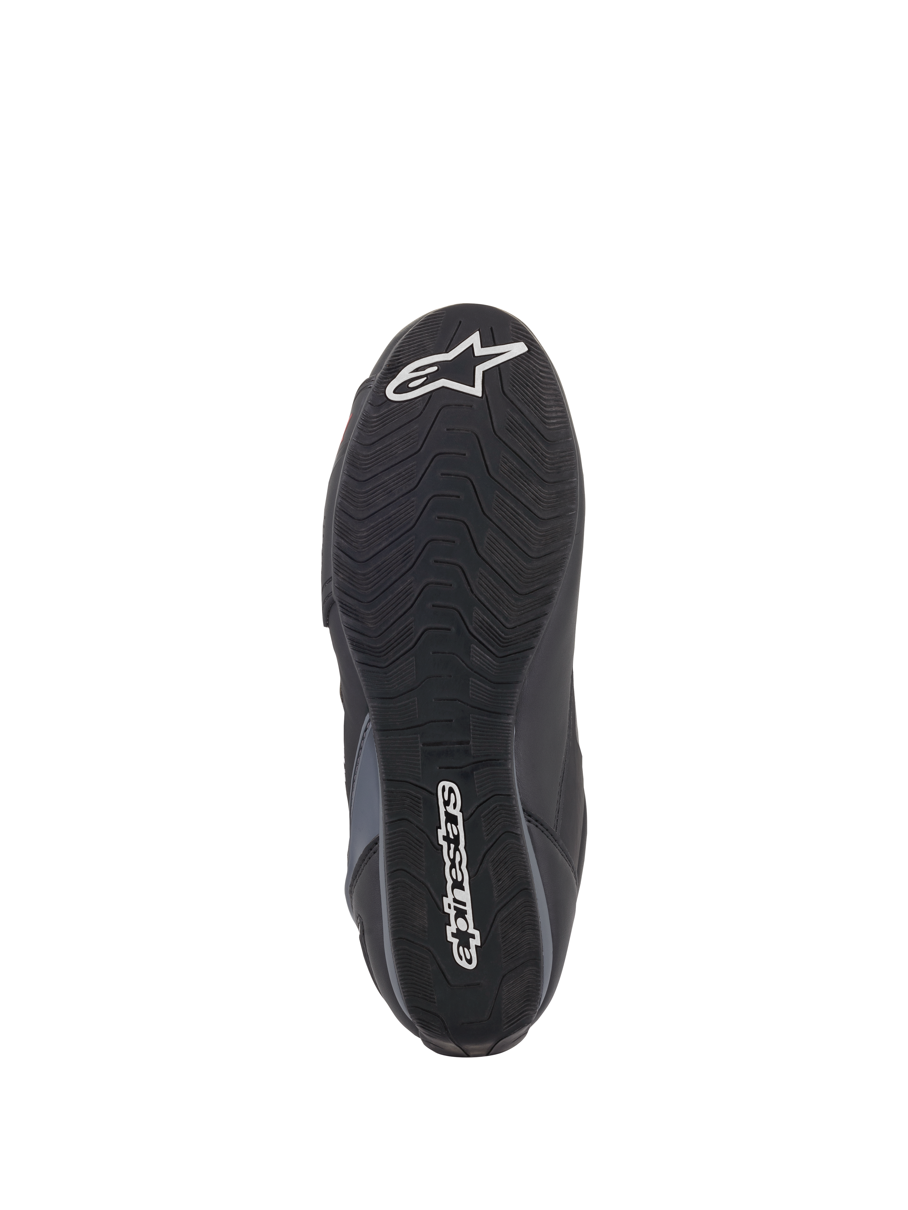 Chaussures Alpinestars Faster-3 Rideknit®, vue de la semelle, semelle extérieure en caoutchouc noir avec motif d'adhérence ondulé, avec texte Alpinestars et logo étoilé blancs, détails d'adhérence pour la conduite à moto