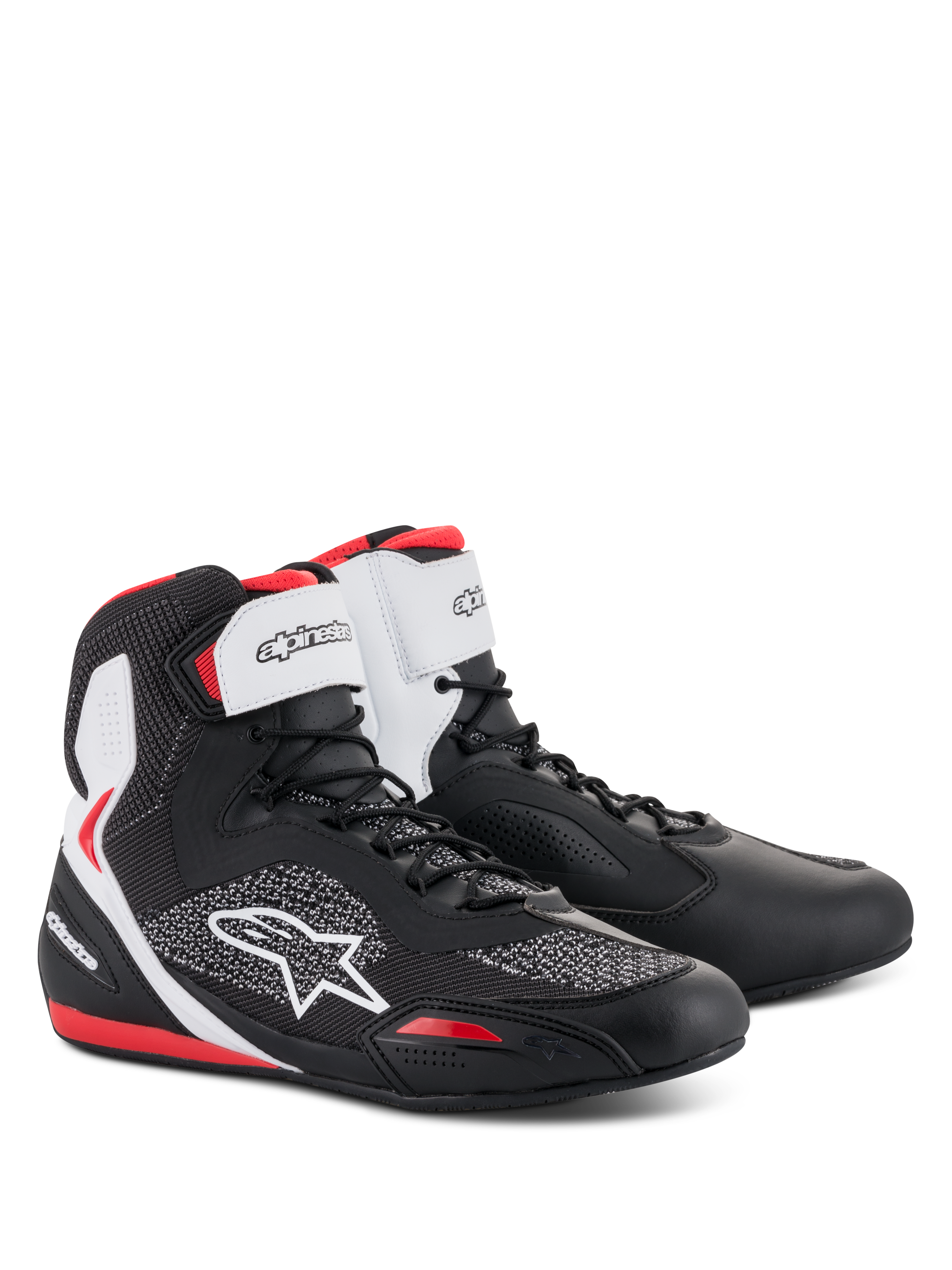 Alpinestars Faster-3 Rideknit® Shoes, motorcycle riding shoes in Black White Red, high-top design with microfiber and mesh knit upper, white Alpinestars branding on the ankle strap and side logo, red accents on the heel and toe, sporty road racing style.