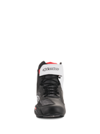 Alpinestars Faster-3 Rideknit® Shoes, Black White and Red, front-facing view, featuring black laces and a white hook-and-loop ankle strap with branding, breathable mesh and microfiber upper, performance motorcycle riding footwear