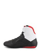 Alpinestars Faster-3 Rideknit® Shoes, motorcycle riding shoes, Black White and Red, side profile featuring black lower chassis, white ankle panel, red interior lining, and red sole accent at the heel, sleek road racing design