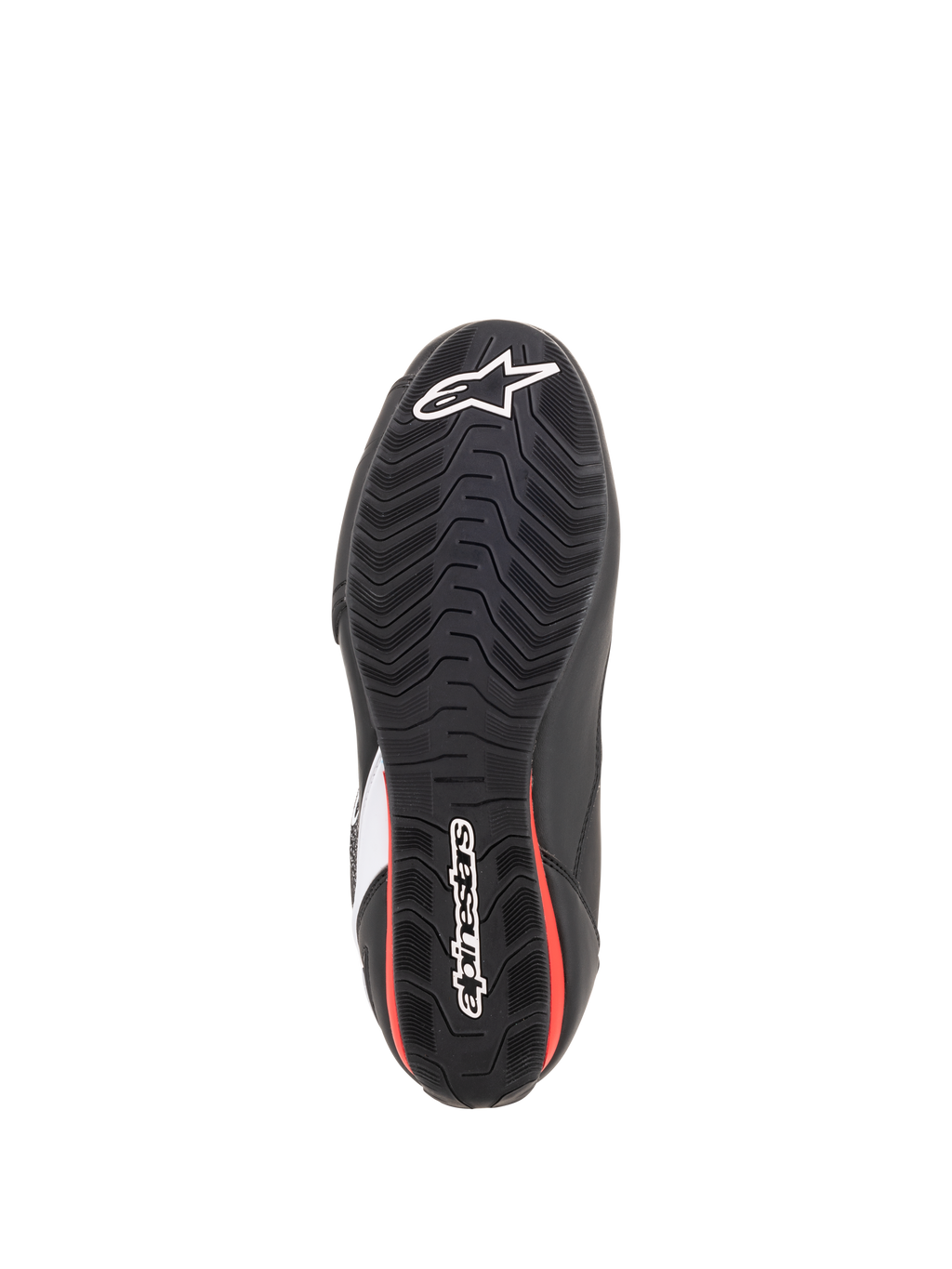 Alpinestars Faster-3 Rideknit® Shoes, Bottom View of Sole, Black and Red, Textured rubber outsole with white Alpinestars star and wordmark logos, road riding motorcycle footwear