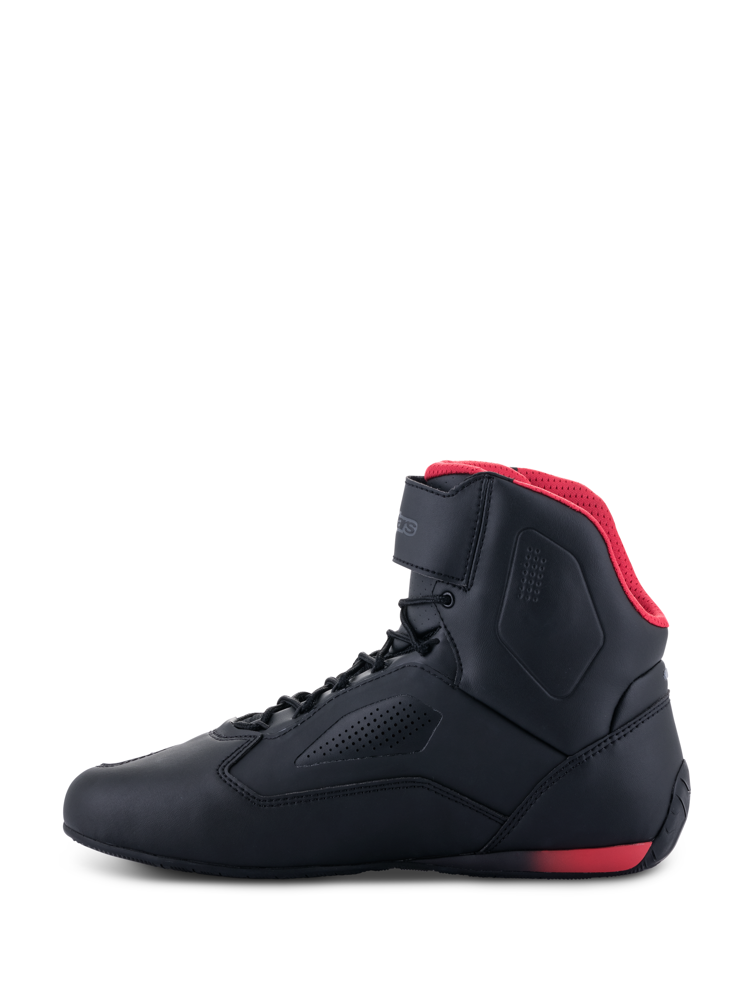 Alpinestars Faster-3 Rideknit® Shoes, Motorcycle Riding Shoes, Black and Red, side profile view, featuring red mesh lining, ankle strap, and perforated microfiber chassis
