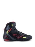 Alpinestars Faster-3 Rideknit® Shoes, Motorcycle Riding Shoes, Black with Red and Yellow Fluo accents, side profile showing breathable mesh and microfiber construction, high-top design with red star logo and adjustable ankle strap