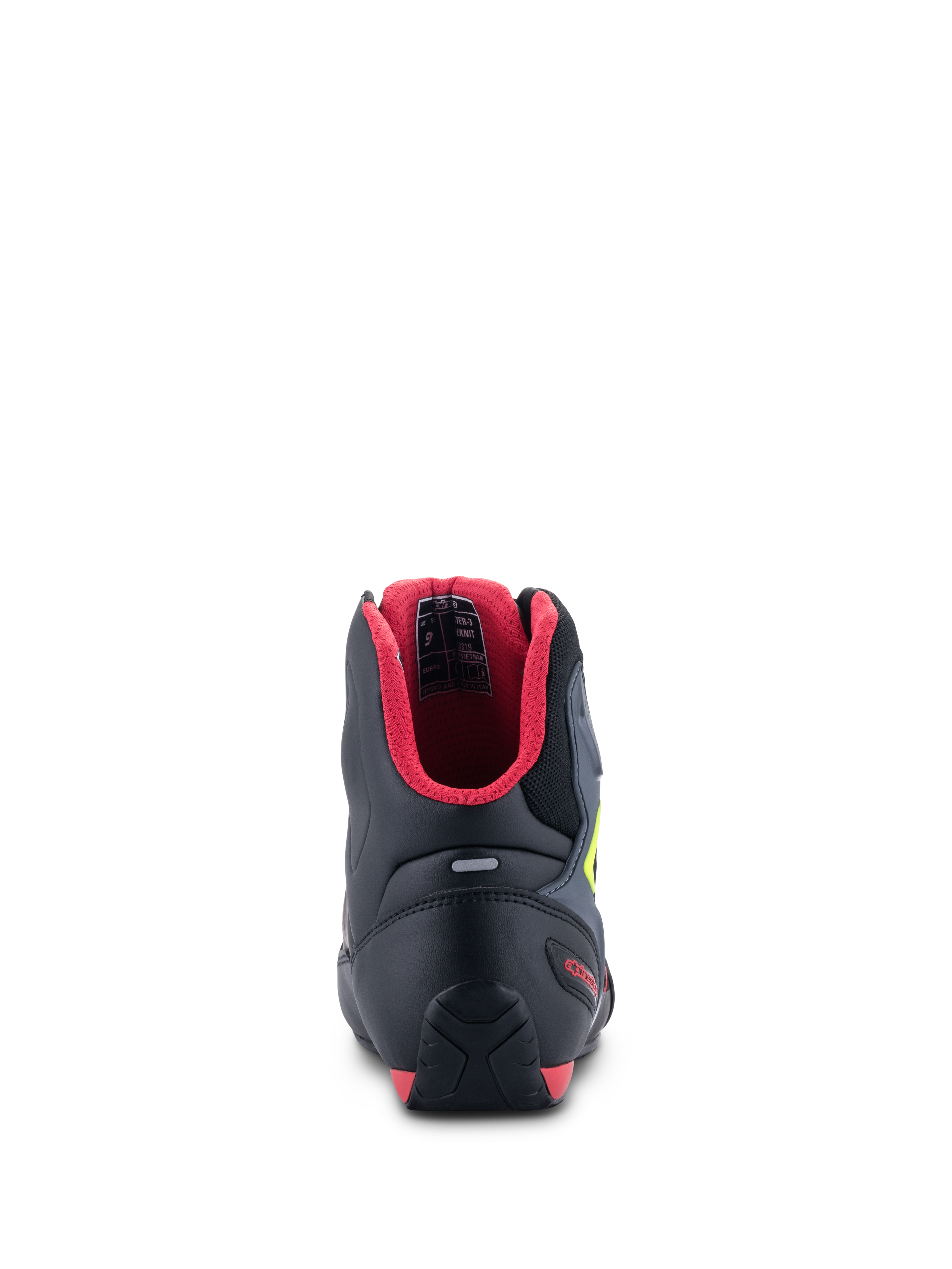 Alpinestars Faster-3 Rideknit® Shoes, Rear View, Black with Red interior lining and Yellow Fluo accents, features a TPR heel counter and reflective strip, performance motorcycle riding shoes