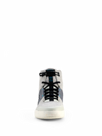 Chaussures de moto Alpinestars Circal, gris, noir et bleu méthyle, vue de face de chaussures de moto urbaines, design montant avec empiècements en toile, lacets élastiques noirs et semelle blanc cassé mouchetée