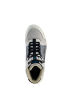 Chaussures de moto Alpinestars Circal, chaussures de moto urbaines, gris, noir et bleu méthyle, vue de dessus montrant les lacets élastiques noirs, le bout et le col en toile gris clair, les panneaux latéraux gris foncé avec des accents bleus, équipement de conduite urbaine protecteur et durable
