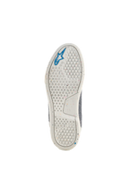 Chaussures de moto Alpinestars Circal, vue de la semelle extérieure, semelle en caoutchouc recyclé blanc cassé avec mouchetures colorées, motif d'adhérence hexagonal, logo étoile Alpinestars bleu, chaussures de moto durables pour la conduite urbaine