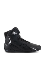 Chaussures Alpinestars Faster-4, chaussures de moto montantes noires, vue de profil, noir avec accents blancs, fermeture à lacets avec sangle auto-agrippante, design sportif avec col rembourré et protection en TPU