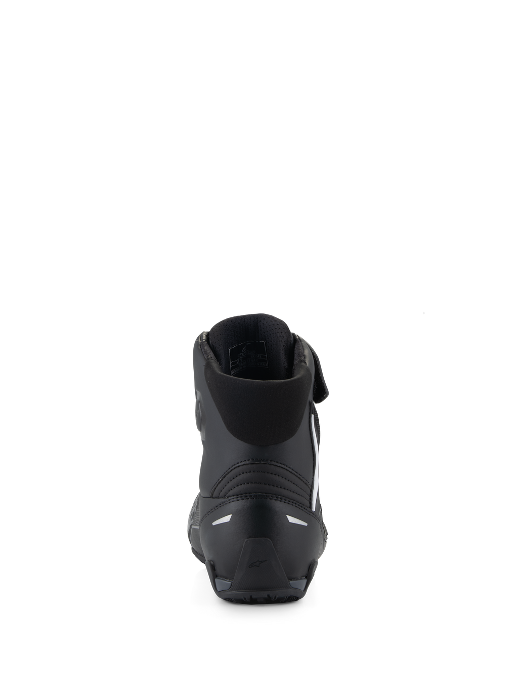 Chaussures Alpinestars Faster-4, chaussures de moto noires, vue arrière mettant en évidence le contrefort de talon en TPR et les détails réfléchissants, col en textile rembourré, design performant pour la conduite sportive sur route