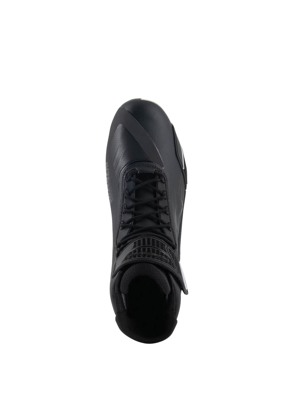 Chaussures Alpinestars Faster-4, chaussures de moto noires, vue de dessus, avec fermeture à lacets traditionnelle, tige en microfibre sans couture et col de cheville rembourré