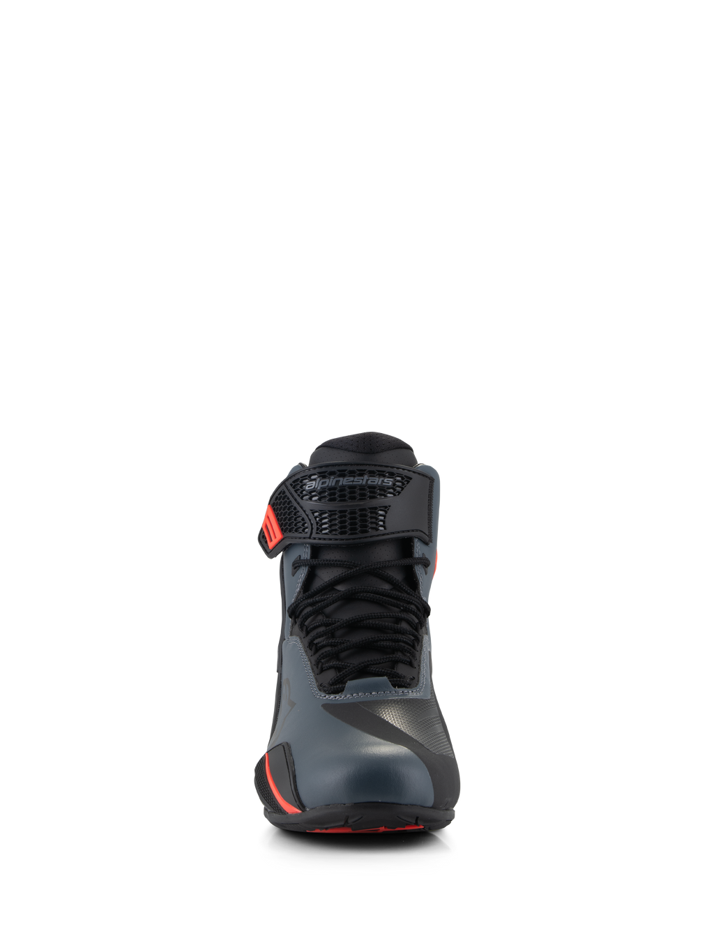 Chaussures Alpinestars Faster-4, chaussures de moto, noir, gris et rouge fluo, vue de face avec tige en microfibre sans couture, lacets traditionnels et sangle de cheville réglable avec logo Alpinestars