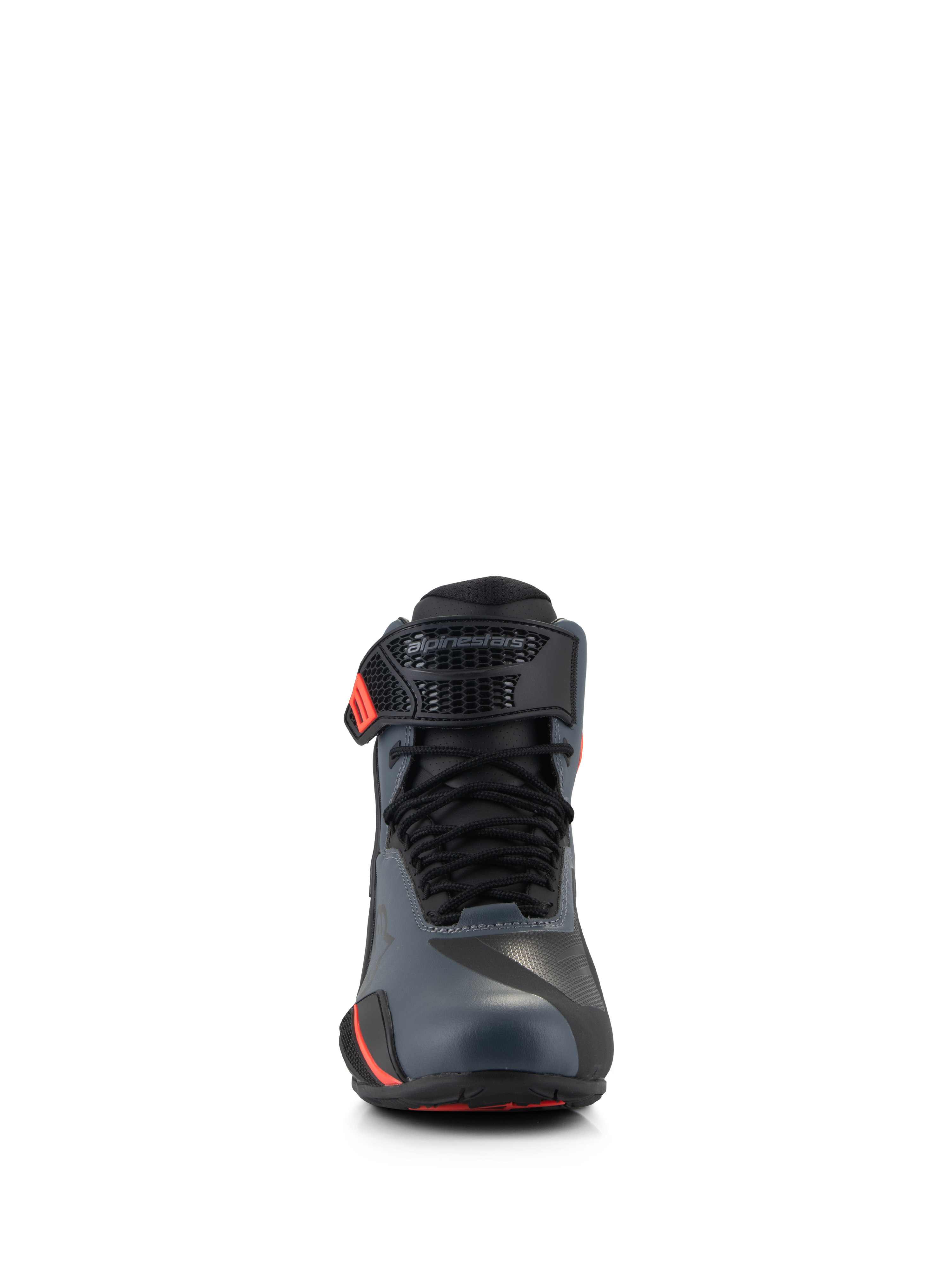 Chaussures Alpinestars Faster-4, chaussures de moto, noir, gris et rouge fluo, vue de face avec tige en microfibre sans couture, lacets traditionnels et sangle de cheville réglable avec logo Alpinestars