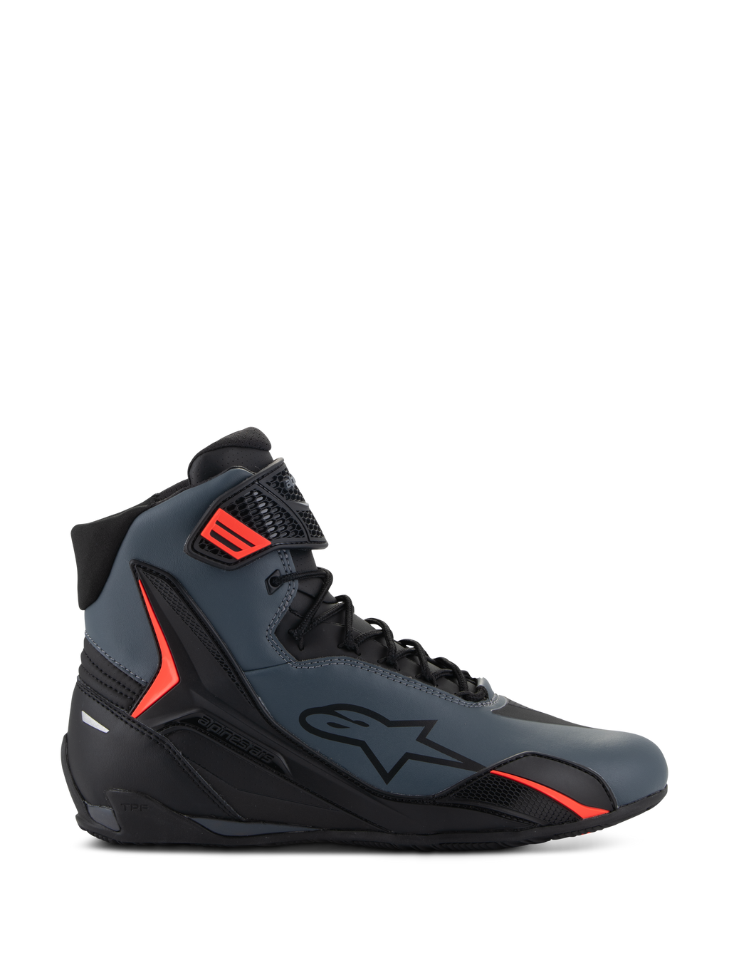 Alpinestars Faster-4 Shoes, chaussures de moto montantes, gris foncé et noir avec accents rouges vifs, tige en microfibre profilée, logo étoile latéral, système de laçage sécurisé et sangle de cheville réglable.
