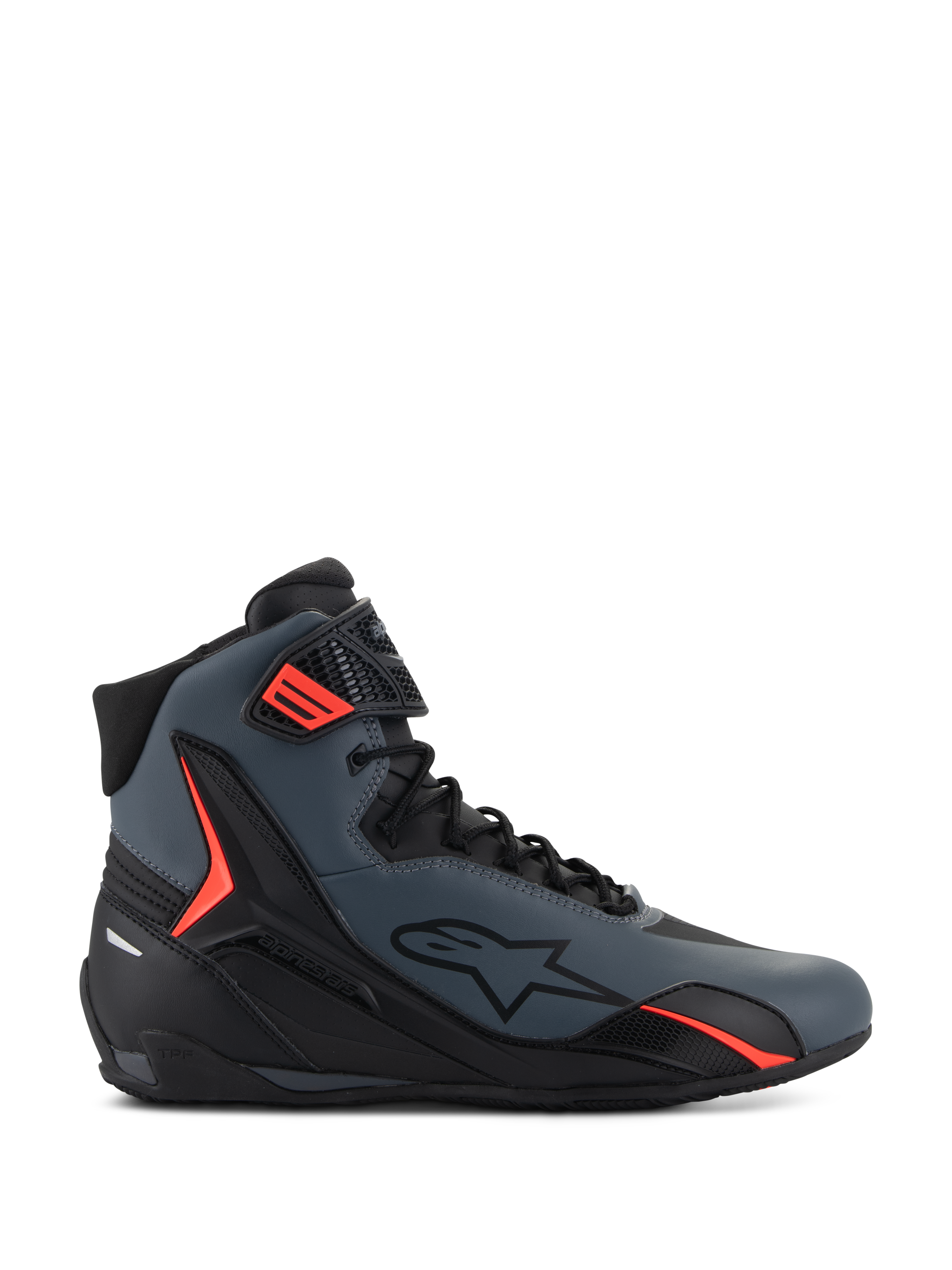 Alpinestars Faster-4 Shoes, chaussures de moto montantes, gris foncé et noir avec accents rouges vifs, tige en microfibre profilée, logo étoile latéral, système de laçage sécurisé et sangle de cheville réglable.