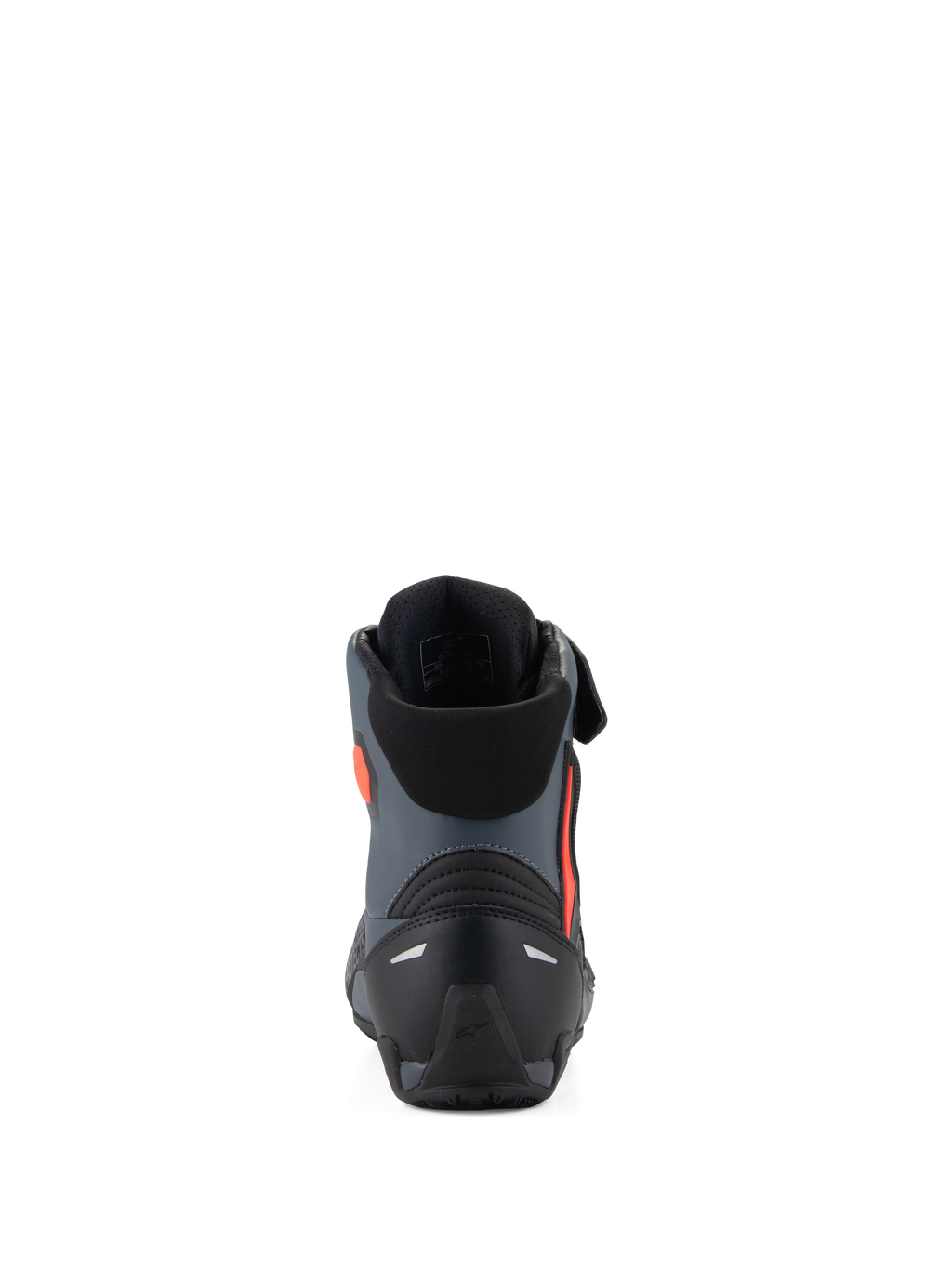 Chaussures Alpinestars Faster-4, chaussures de moto, noir, gris et rouge fluo, vue arrière montrant le contrefort de talon renforcé, le maintien de la cheville et un design sportif épuré.