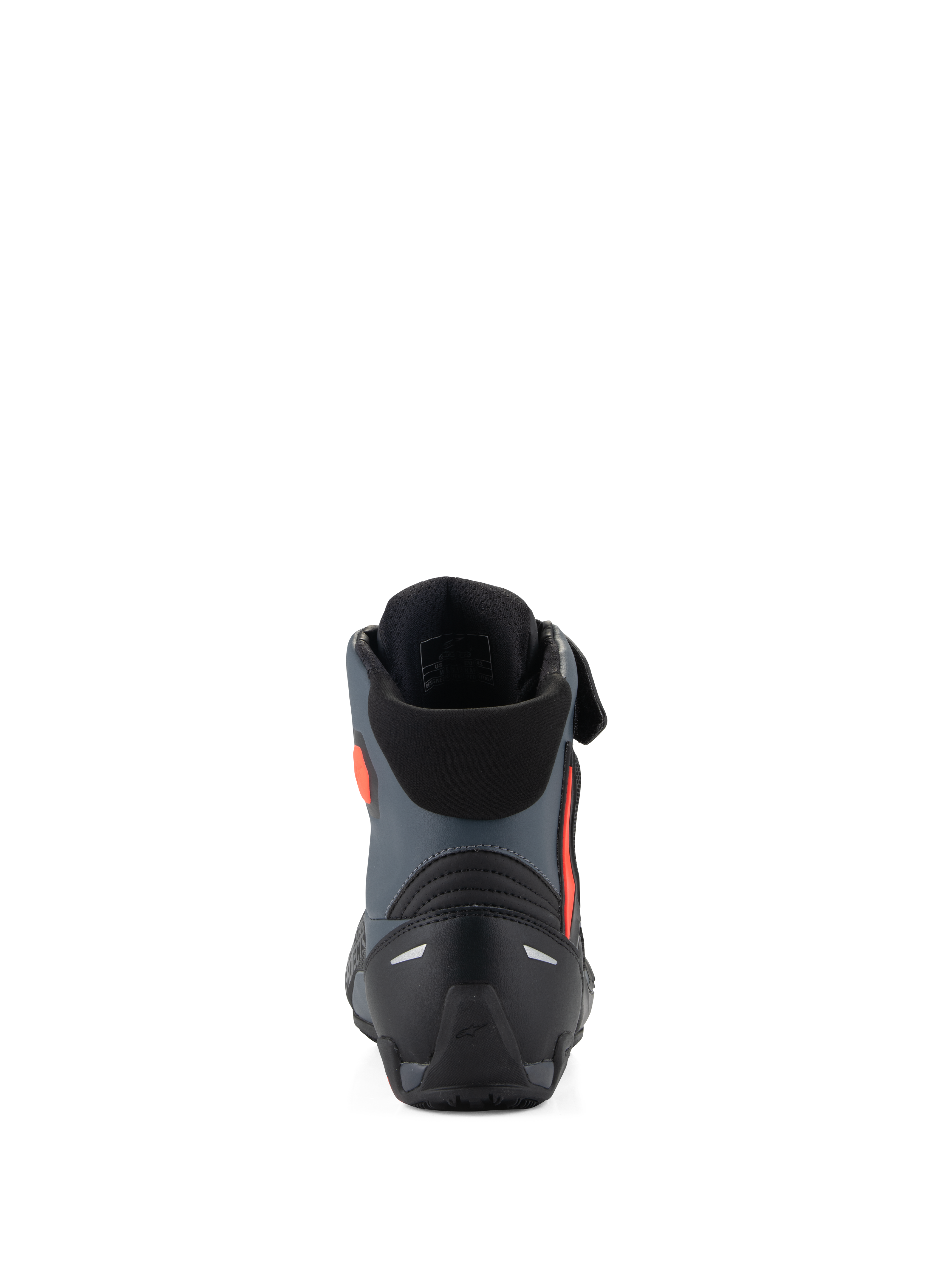 Chaussures Alpinestars Faster-4, chaussures de moto, noir, gris et rouge fluo, vue arrière montrant le contrefort de talon renforcé, le maintien de la cheville et un design sportif épuré.