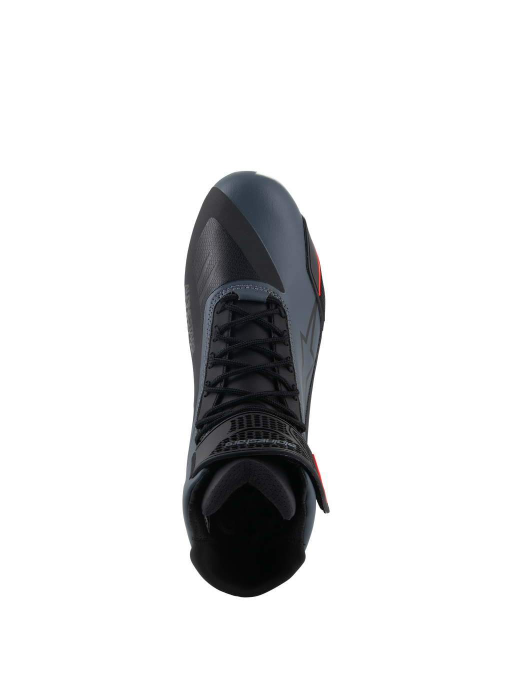 Chaussures Alpinestars Faster-4, chaussures de moto, noir, gris et rouge fluo, vue de dessus mettant en évidence la fermeture à lacets et la sangle de cheville, tige en microfibre technique avec panneaux sans couture, design sportif pour la conduite sur route haute performance