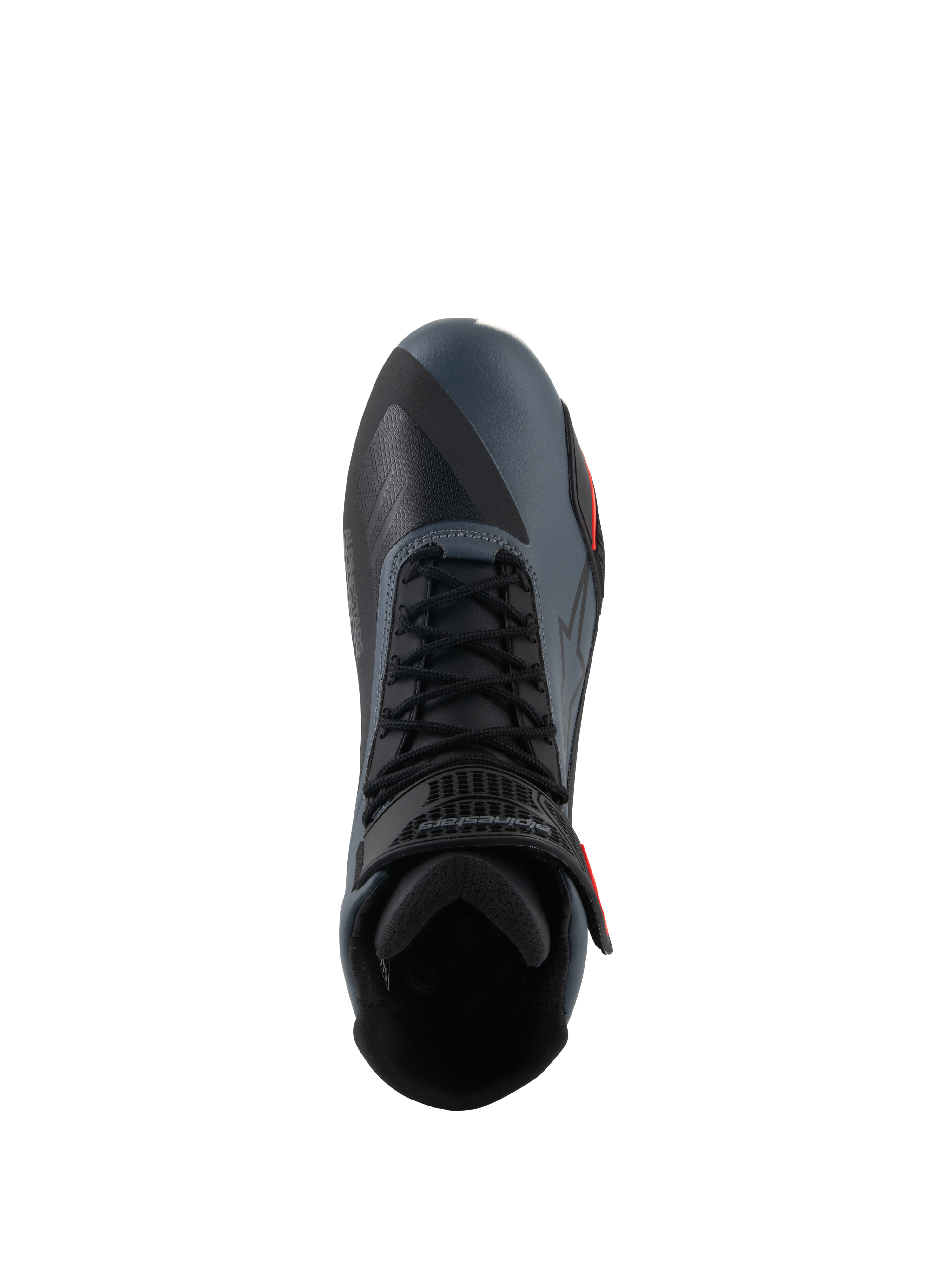 Chaussures Alpinestars Faster-4, chaussures de moto, noir, gris et rouge fluo, vue de dessus mettant en évidence la fermeture à lacets et la sangle de cheville, tige en microfibre technique avec panneaux sans couture, design sportif pour la conduite sur route haute performance
