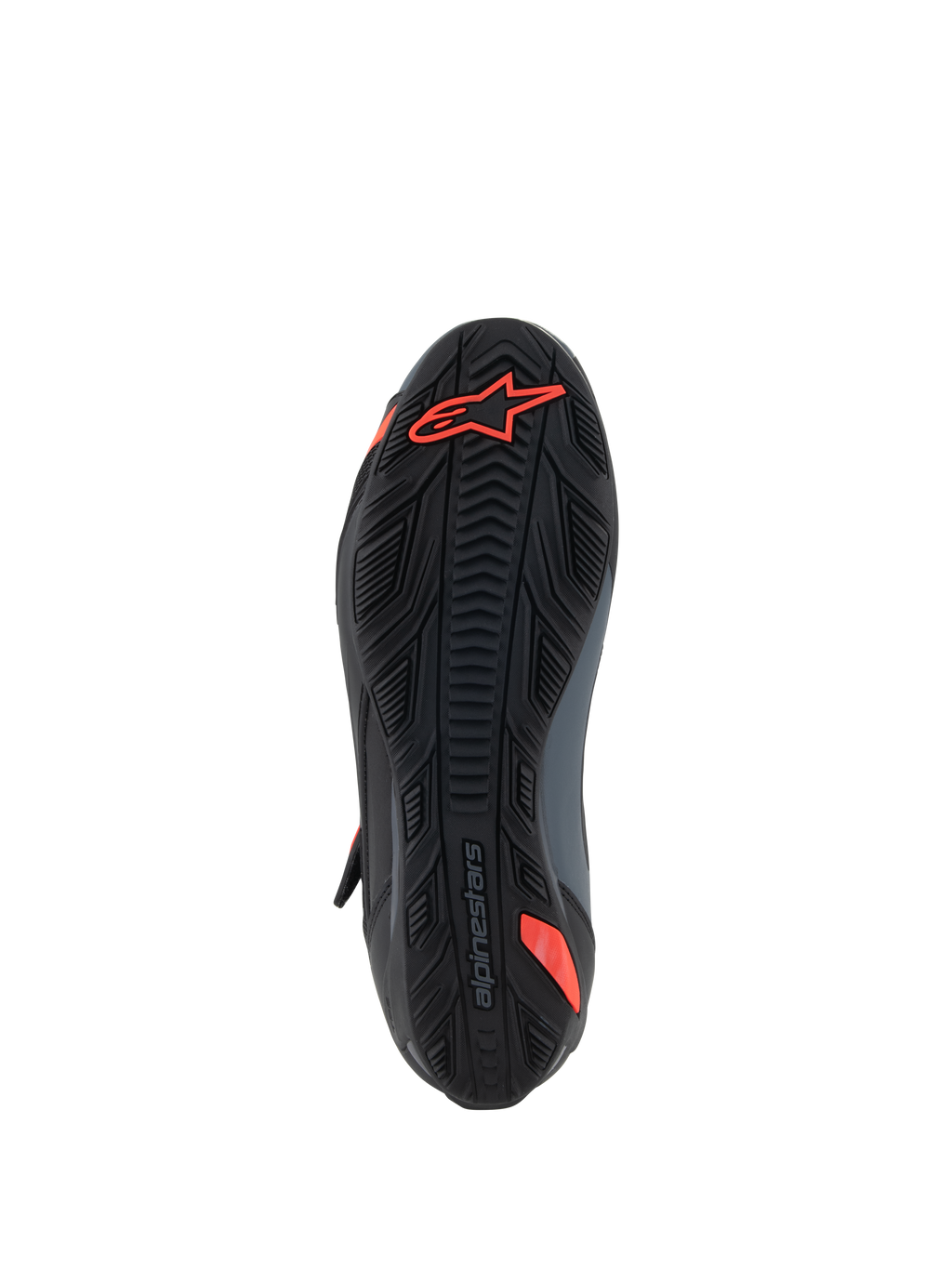 Chaussures Alpinestars Faster-4, chaussures de moto, noir et rouge fluo, vue de dessous montrant la semelle en caoutchouc texturée avec logo Astars rouge et marquage en relief, conçue pour l'adhérence et la durabilité.