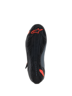 Chaussures Alpinestars Faster-4, chaussures de moto, noir et rouge fluo, vue de dessous montrant la semelle en caoutchouc texturée avec logo Astars rouge et marquage en relief, conçue pour l'adhérence et la durabilité.