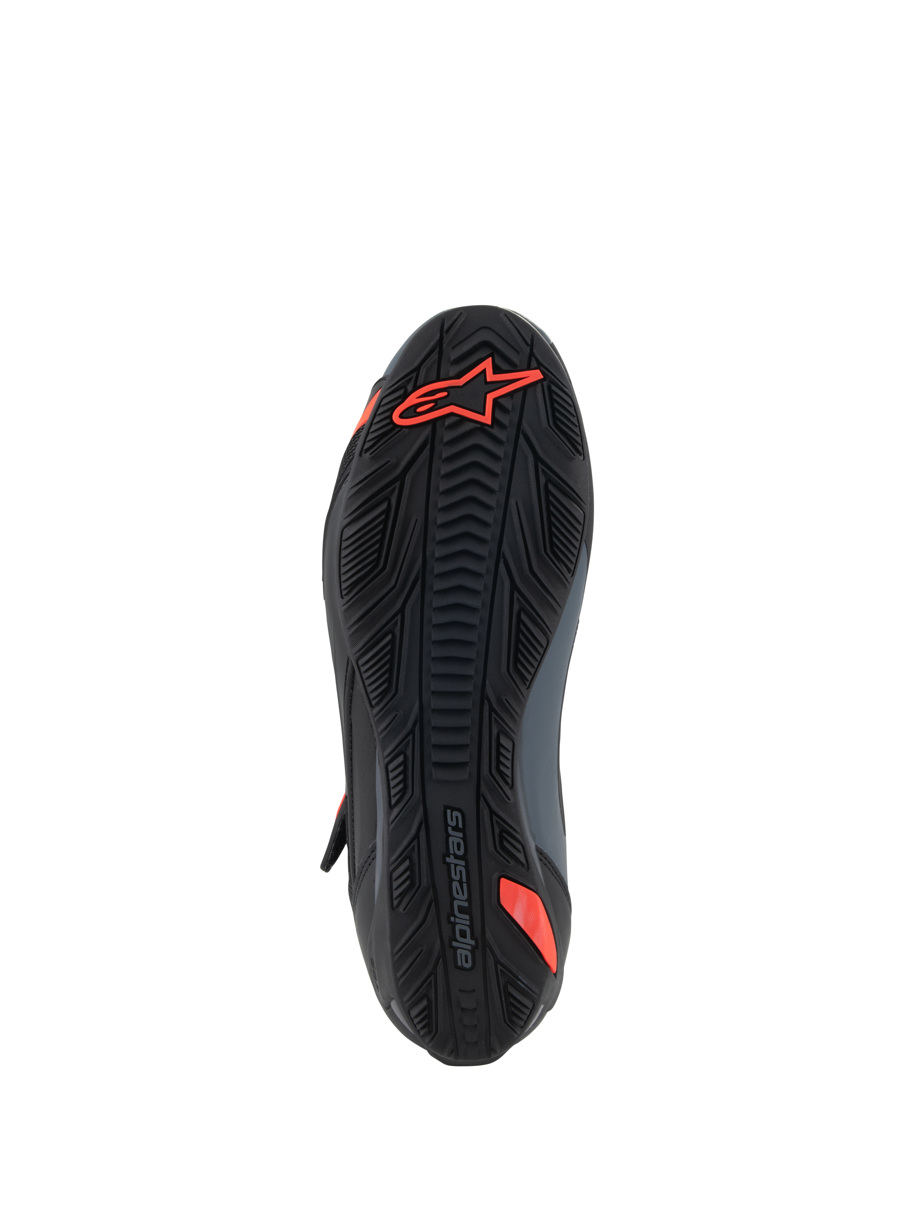 Chaussures Alpinestars Faster-4, chaussures de moto, noir et rouge fluo, vue de dessous montrant la semelle en caoutchouc texturée avec logo Astars rouge et marquage en relief, conçue pour l'adhérence et la durabilité.