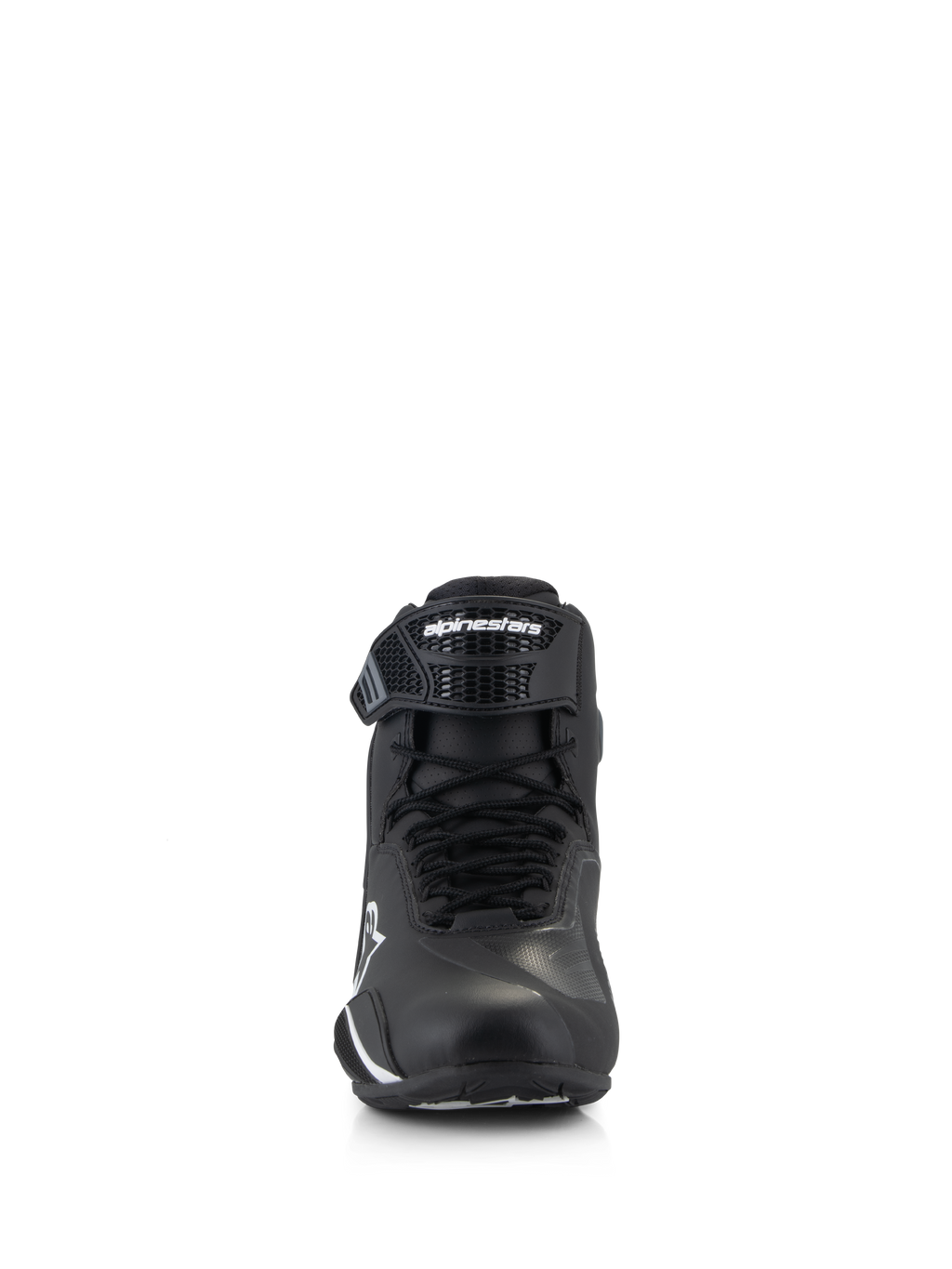 Alpinestars Faster-4 Shoes, Motorcycle Riding Shoes, Black and White, front-facing view showing lace closure and adjustable TPR ankle strap with Alpinestars logo, sleek and protective design for road riding