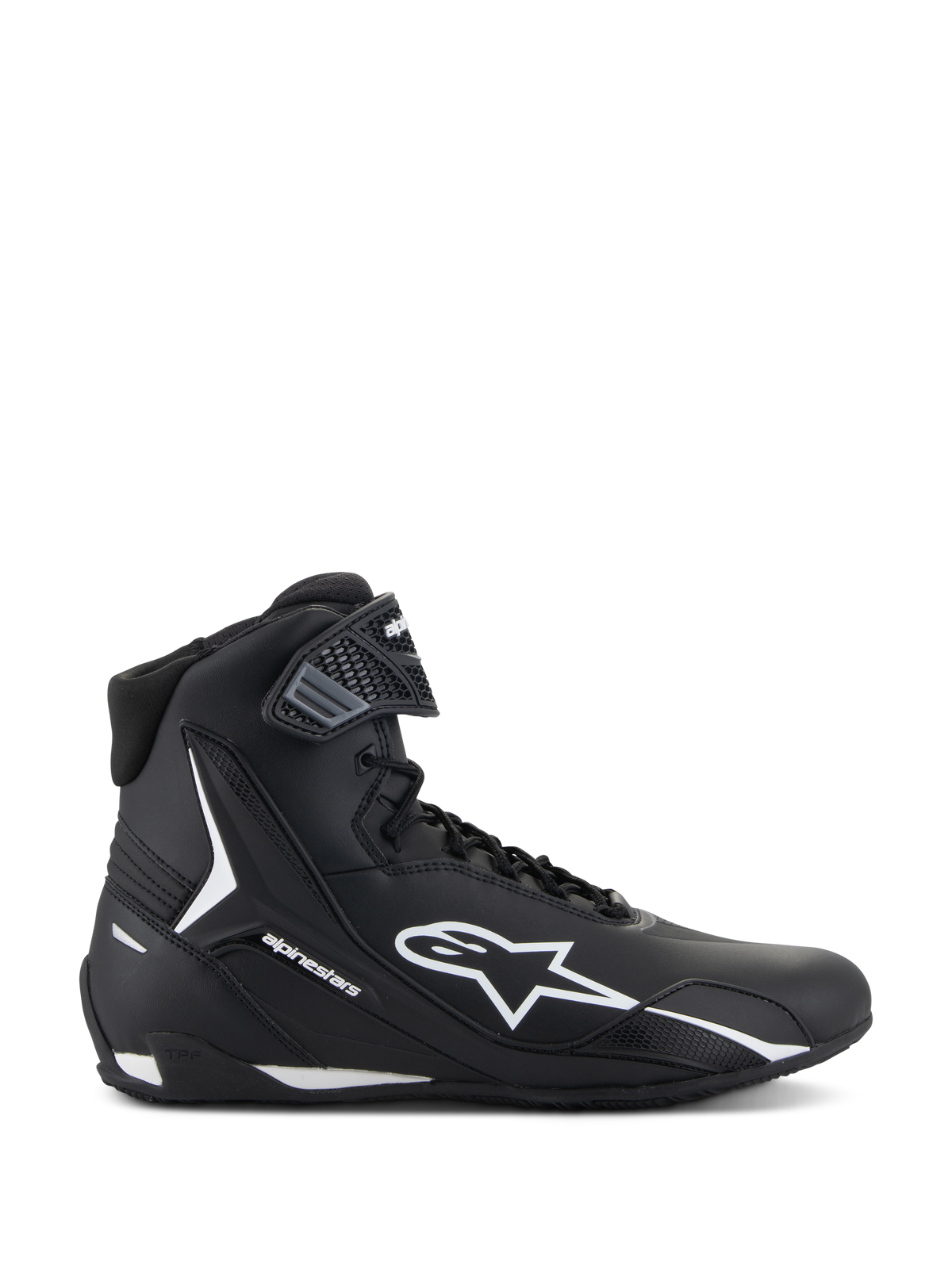 Chaussures Alpinestars Faster-4, chaussures de moto noires et blanches, vue latérale du modèle montant avec logo étoile blanc, sangle de cheville texturée, fermeture à lacets, tige en microfibre élégante, chaussures de performance inspirées de la course