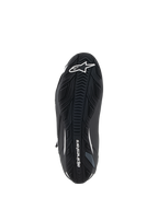 Alpinestars Faster-4 Shoes, Motorcycle Riding Shoes, Black and White, textured rubber sole view, featuring white Alpinestars star logo on the toe and wordmark on the arch, grip-focused outsole for road performance