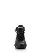 Alpinestars Faster-4 Shoes, motorcycle riding shoes, Black White and Red, front view showing traditional lace closure and ergonomic TPR ankle strap with Alpinestars logo, sleek microfiber upper with red accents