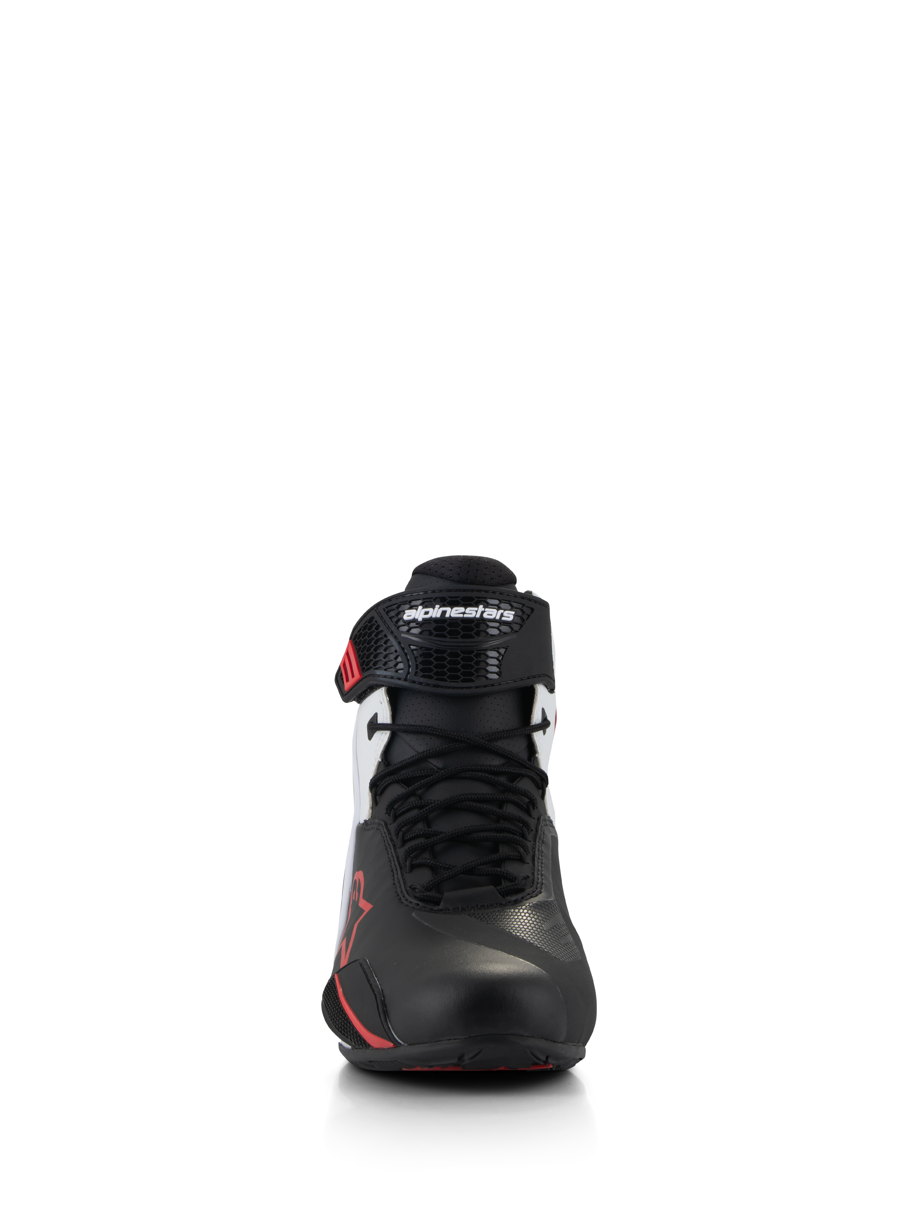 Alpinestars Faster-4 Shoes, motorcycle riding shoes, Black White and Red, front view showing traditional lace closure and ergonomic TPR ankle strap with Alpinestars logo, sleek microfiber upper with red accents