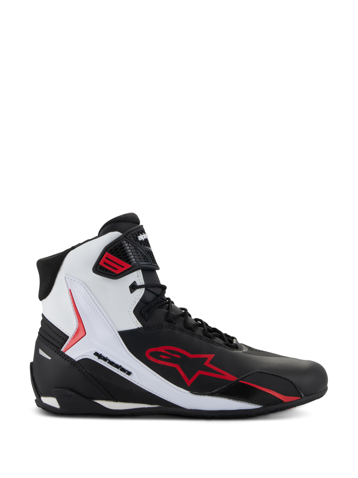 Alpinestars Faster-4, chaussures moto montantes, noir, blanc et rouge, avec un grand logo étoile rouge, panneau latéral blanc avec lettrage Alpinestars, design sportif pour la route