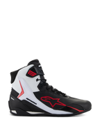 Alpinestars Faster-4 Shoes, High-top Motorcycle Riding Shoes, Black White and Red, featuring a large red star logo, white side panel with Alpinestars branding, and sporty road-riding design