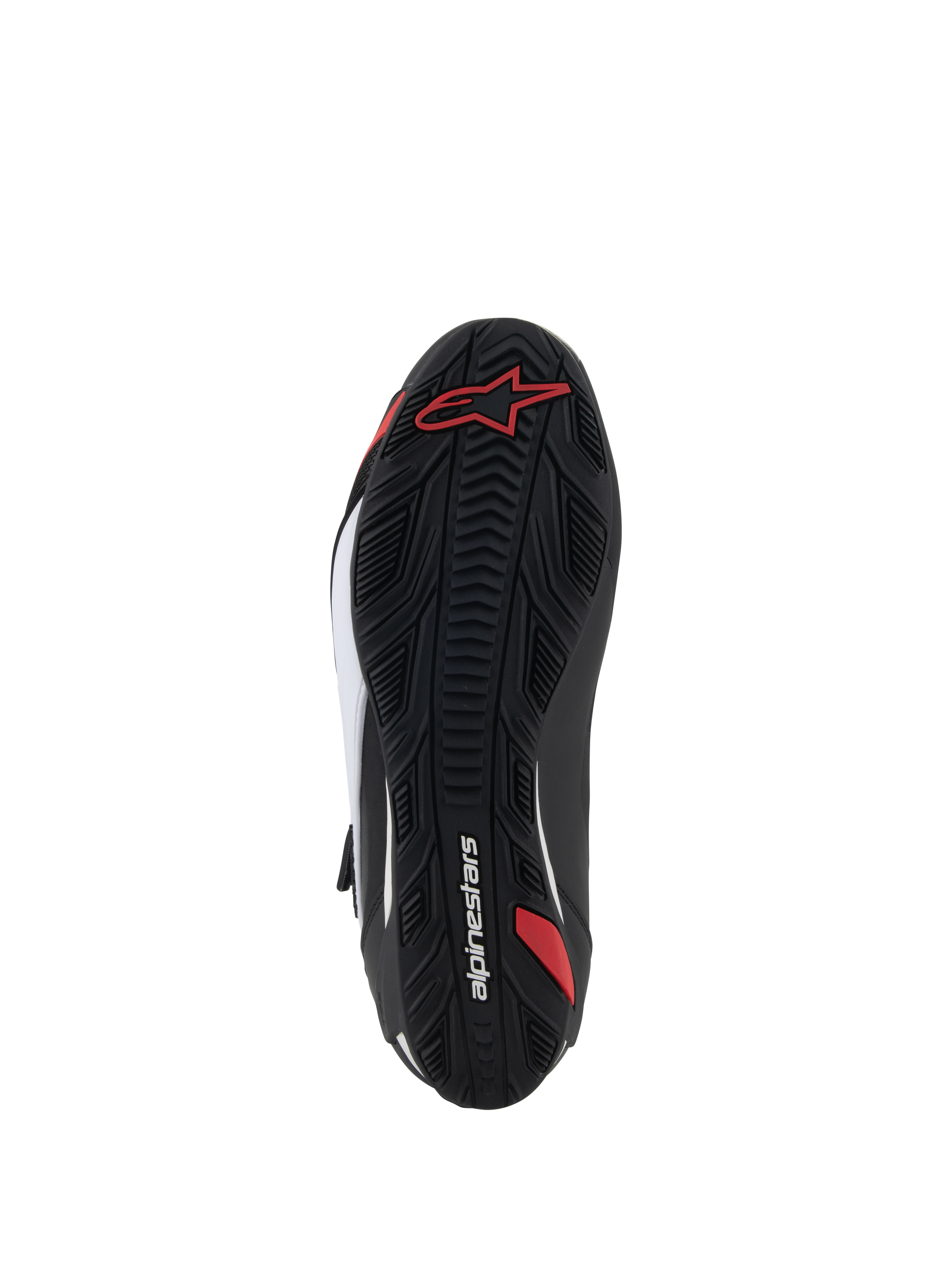 Alpinestars Faster-4 Shoes, Motorcycle Riding Shoes, Bottom Sole View, Black rubber with textured grip pattern, featuring red Alpinestars logo and white branding, designed for road and sport riding