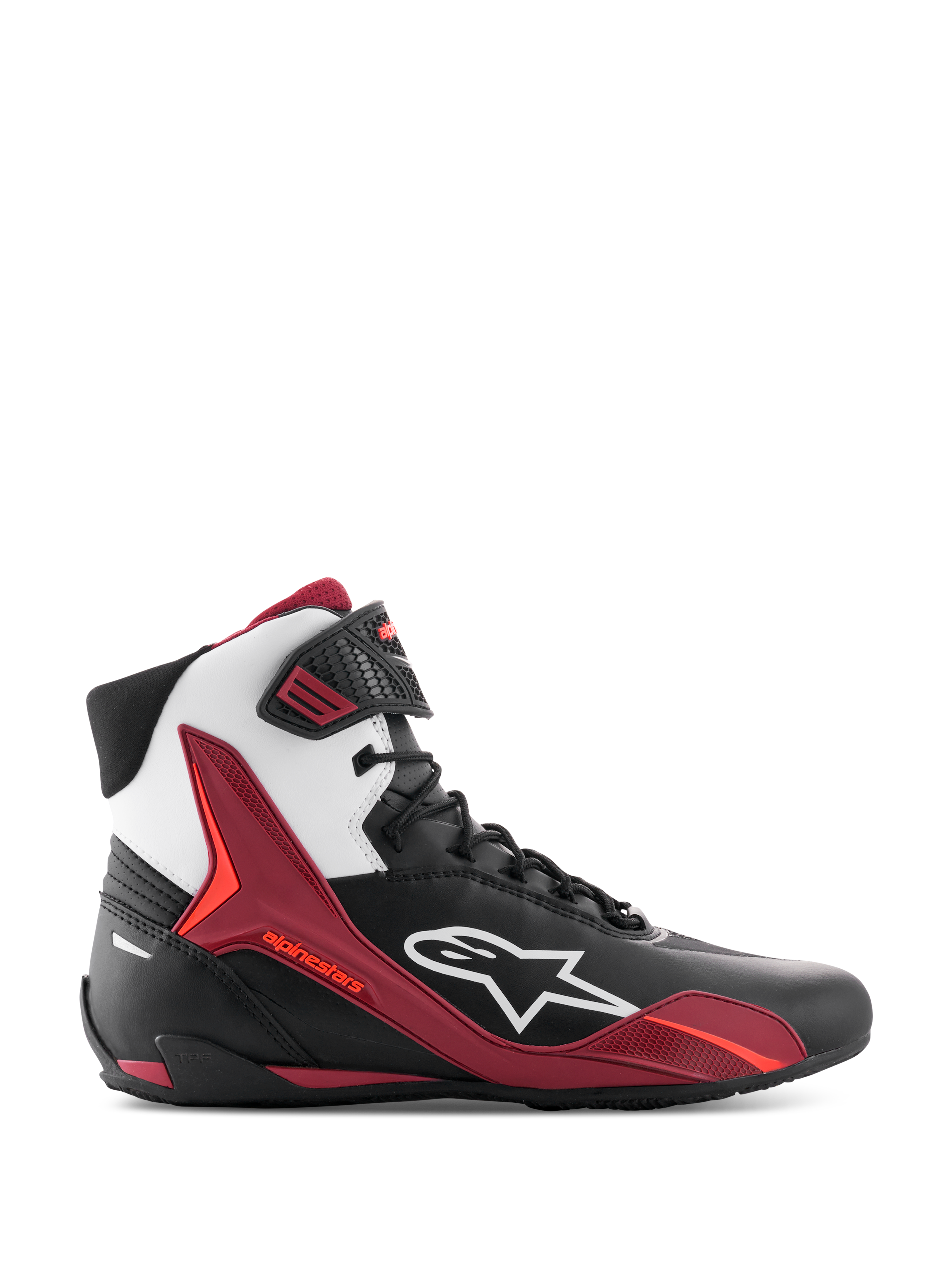 Alpinestars Faster-4, chaussures de moto montantes, noir, blanc et rouge foncé, vue de profil avec logo Alpinestars blanc et panneaux de soutien en TPU rouge, design à lacets de style racing sportif, construction en microfibre durable