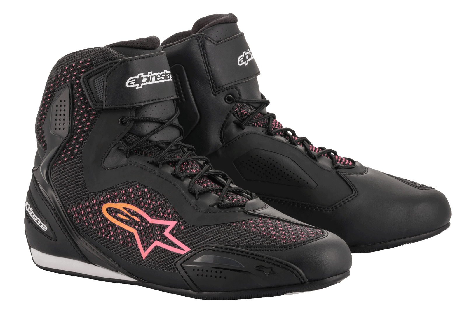 Alpinestars Women Stella Faster-3 Rideknit® Shoes, Black with Yellow and Pink accents, motorcycle riding shoes featuring a breathable knitted upper, secure lace-up closure with a Velcro ankle strap, and protective reinforced panels.