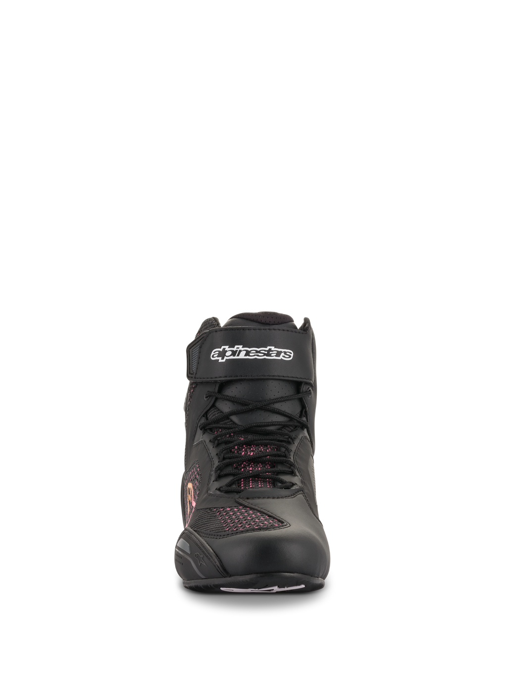 Chaussures Alpinestars Stella Faster-3 Rideknit® pour femme, noir, jaune et rose, vue de face montrant la construction en maille sans couture, lacets et sangle de cheville à velcro avec logo Alpinestars blanc, chaussures de moto légères